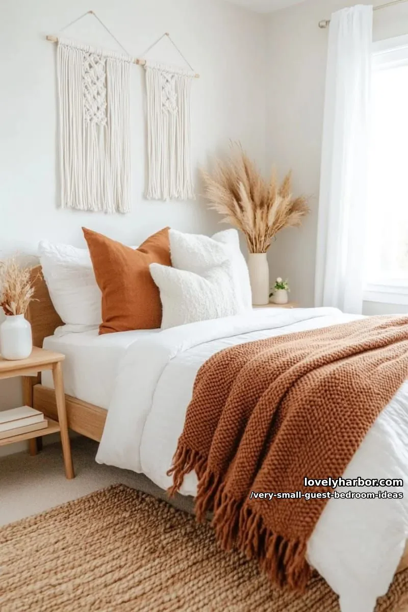 19 Very Small Guest Bedroom Ideas For A Welcoming Retreat 41 layered bedding with earth-toned knit throws and hanging macramé art 1