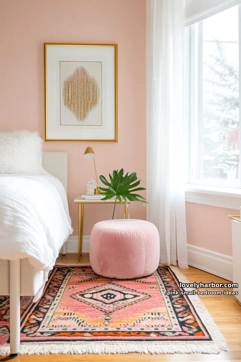 21 Pink Small Bedrooms Ideas You'll Love 16 layered bubblegum pink rugs in geometric patterns for cozy floor vibes 1