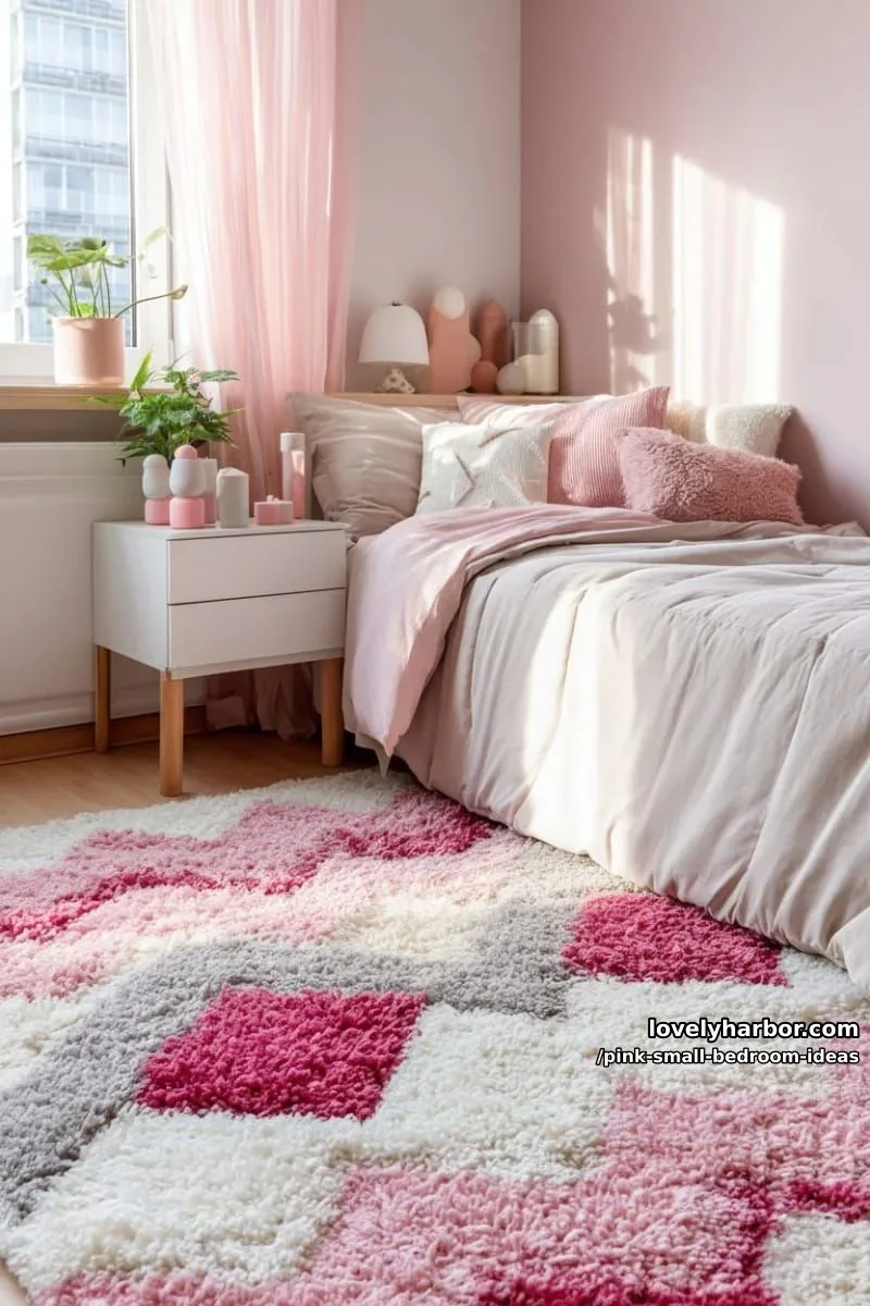 21 Pink Small Bedrooms Ideas You'll Love 17 layered bubblegum pink rugs in geometric patterns for cozy floor vibes 1