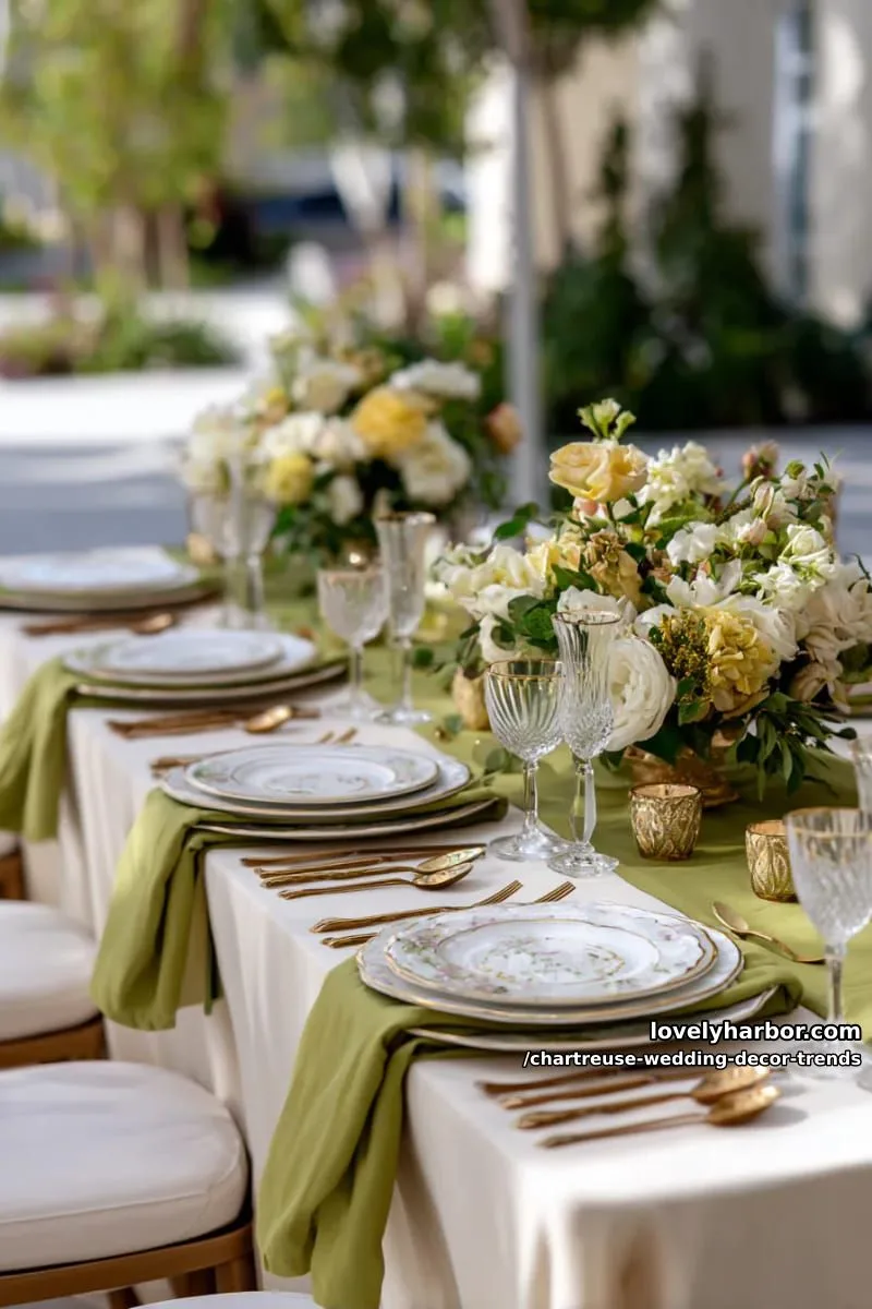 15 Chartreuse Wedding Decor Trends You Should Try 30 layered chartreuse and cream linens with vintage gold flatware 1