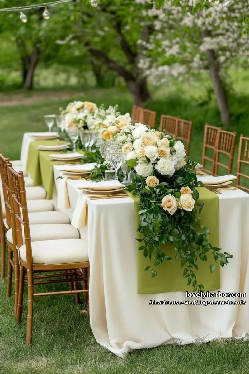 15 Chartreuse Wedding Decor Trends You Should Try 31 layered chartreuse and cream linens with vintage gold flatware 1