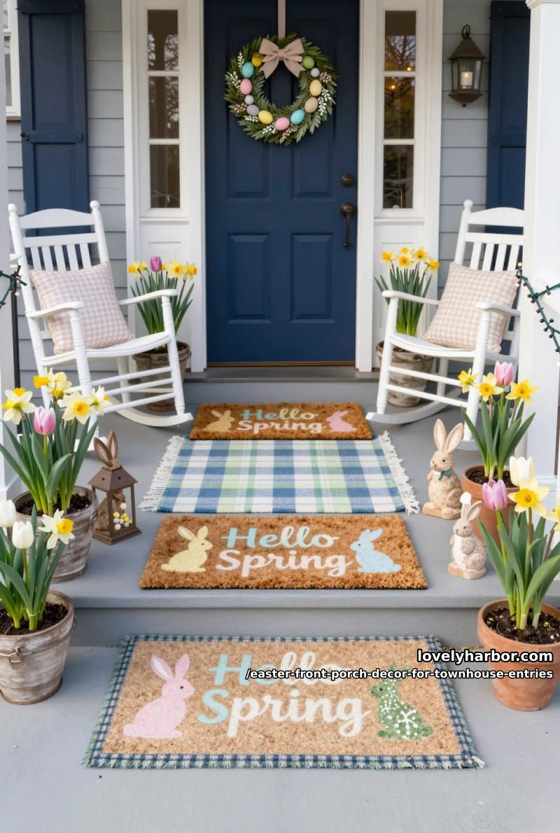 layered doormats featuring cheerful spring sayings and bunny silhouettes 1
