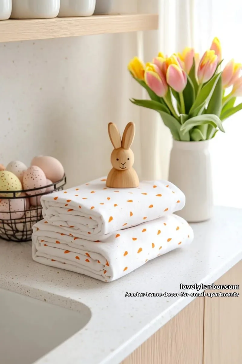 layered pastel tea towels with tiny carrot prints in the kitchen 1