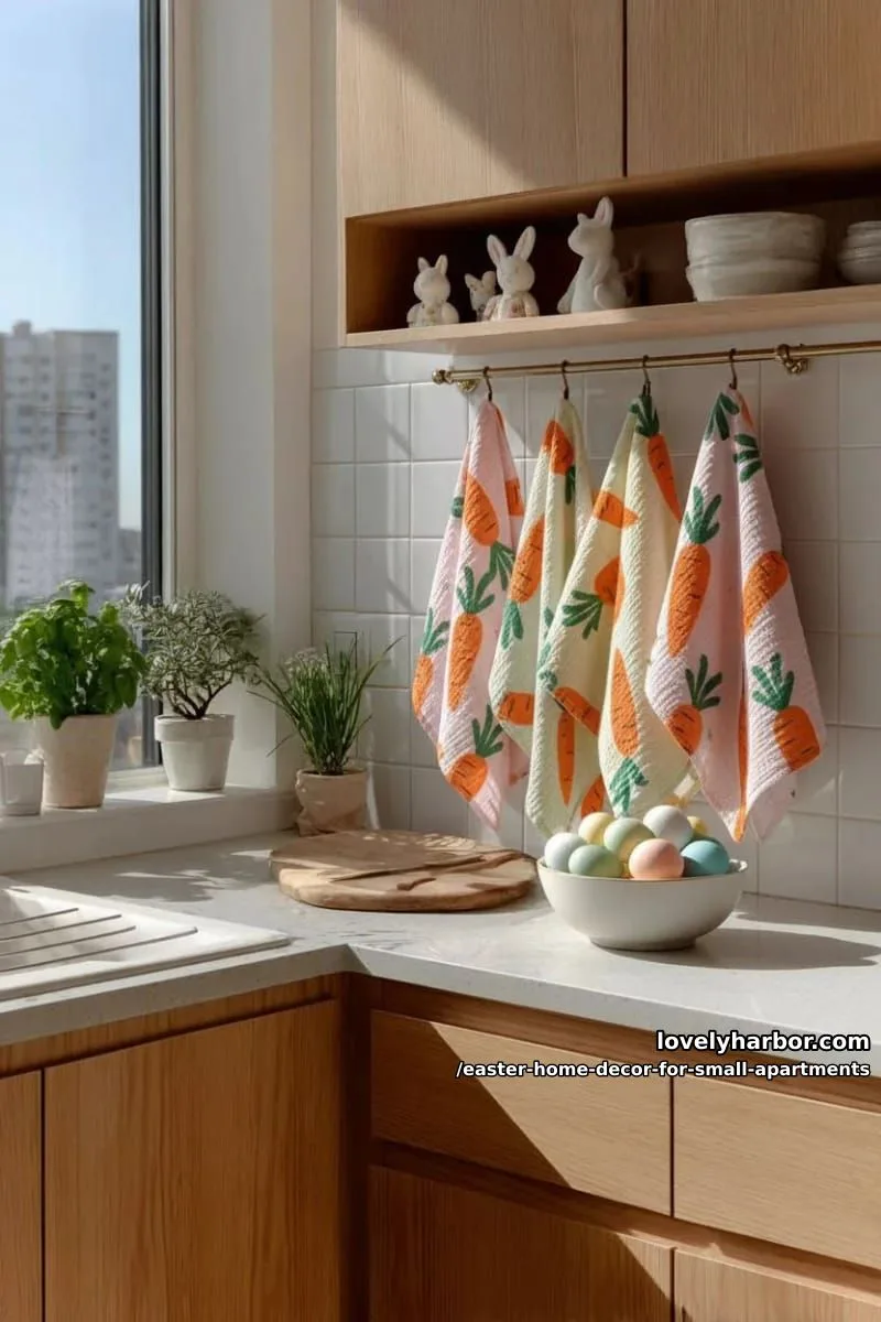layered pastel tea towels with tiny carrot prints in the kitchen 1