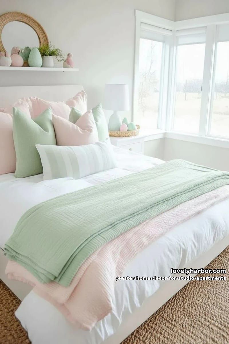 layered pink and green pastel blankets folded at the end of the bed 1