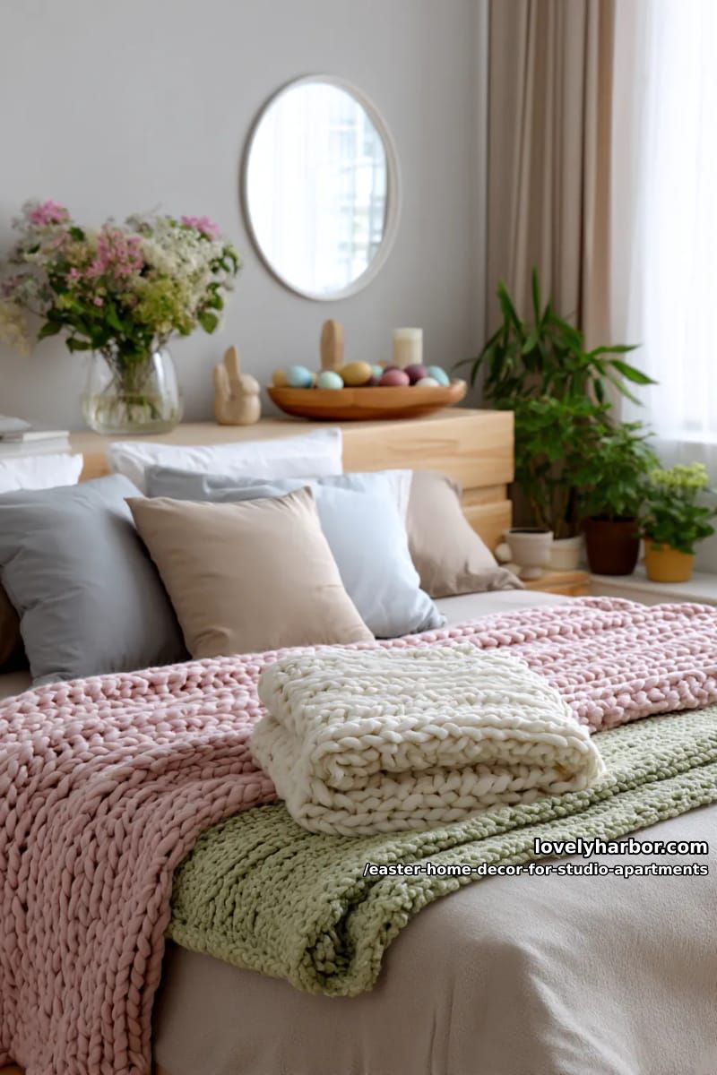 layered pink and green pastel blankets folded at the end of the bed 1