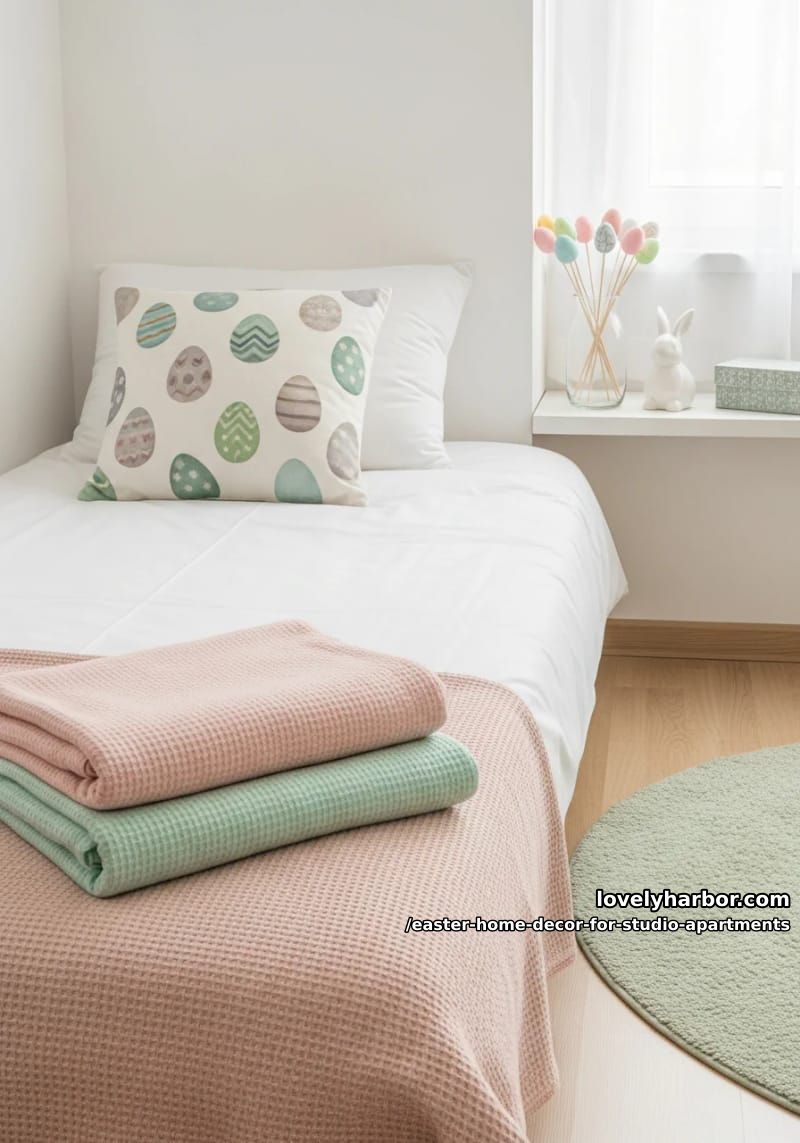 layered pink and green pastel blankets folded at the end of the bed 1