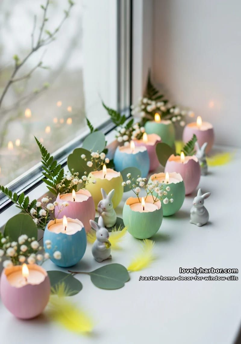 line up painted eggshell tealights with golden candlelight flickers. 1