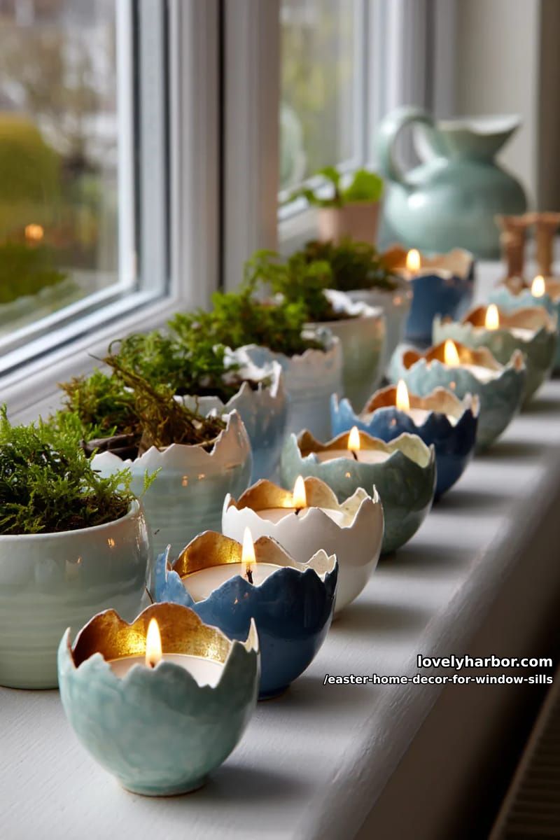 line up painted eggshell tealights with golden candlelight flickers. 1