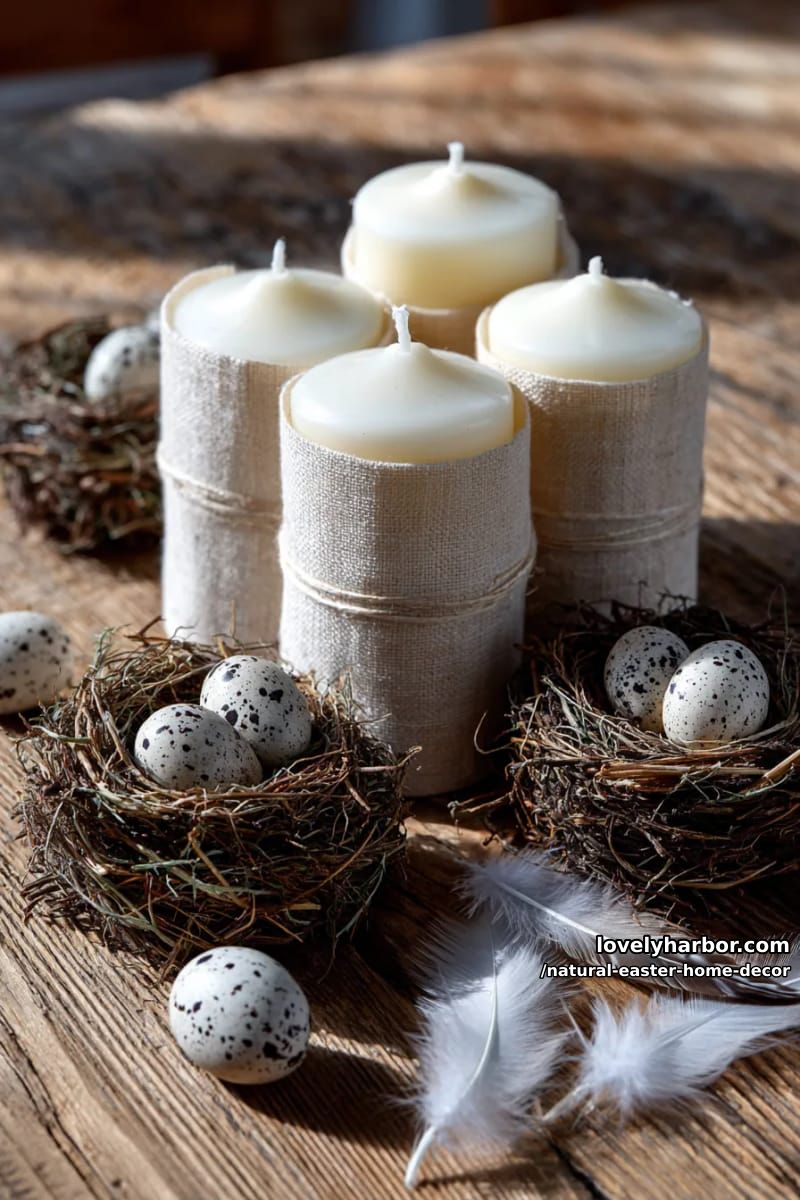 linen-wrapped candle cluster surrounded by tiny nests and feathers 1