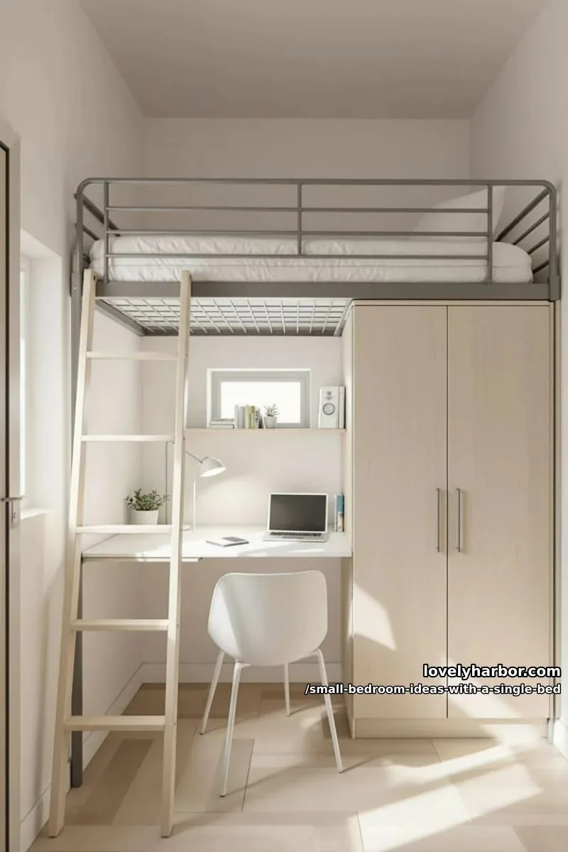 lofted single bed above a compact wardrobe and minimalist workspace setup. 1