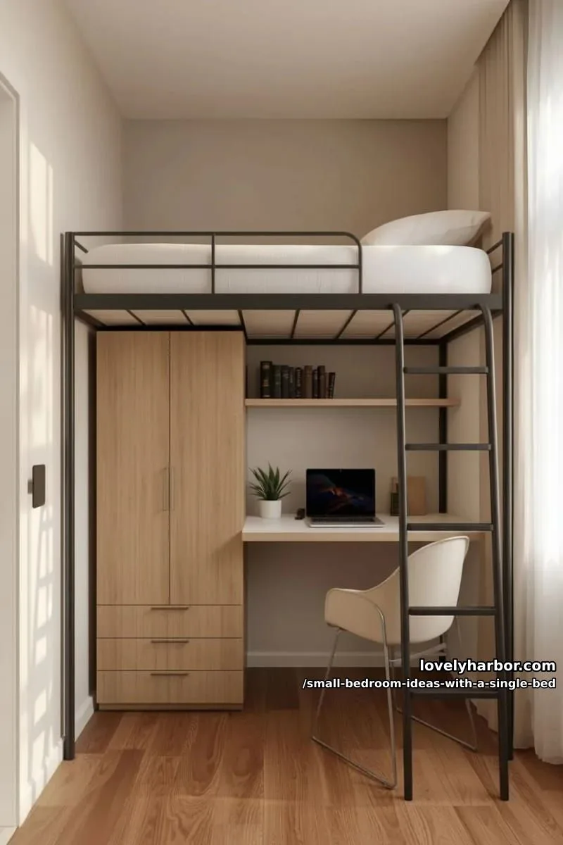 lofted single bed above a compact wardrobe and minimalist workspace setup. 1