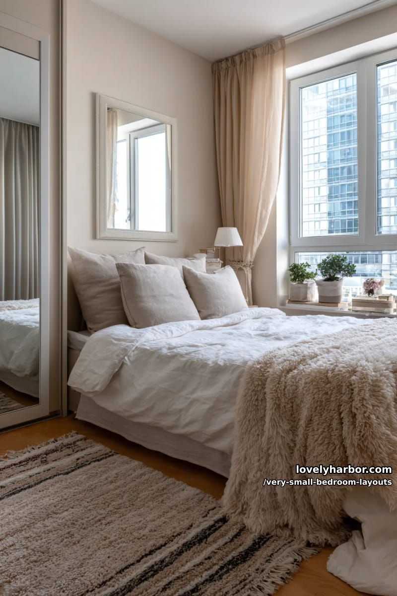 low-profile bed by the window, layered rugs, and a mirrored wardrobe. 1