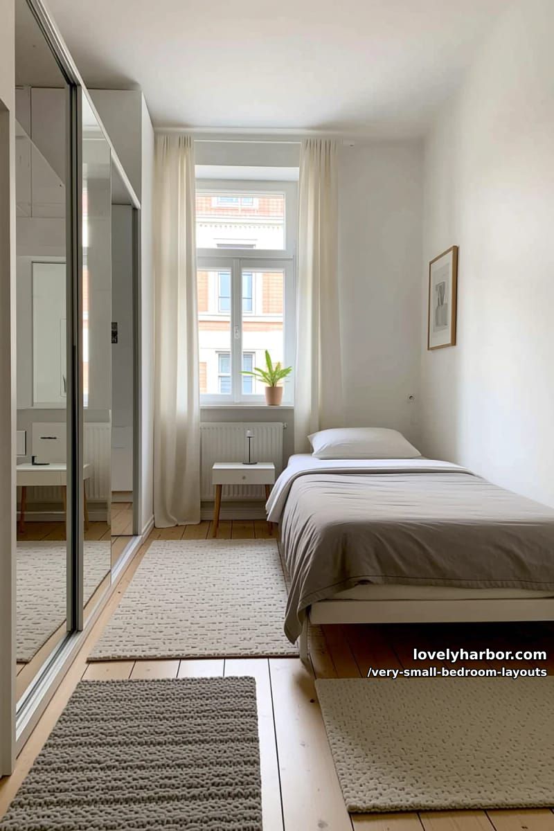 low-profile bed by the window, layered rugs, and a mirrored wardrobe. 1