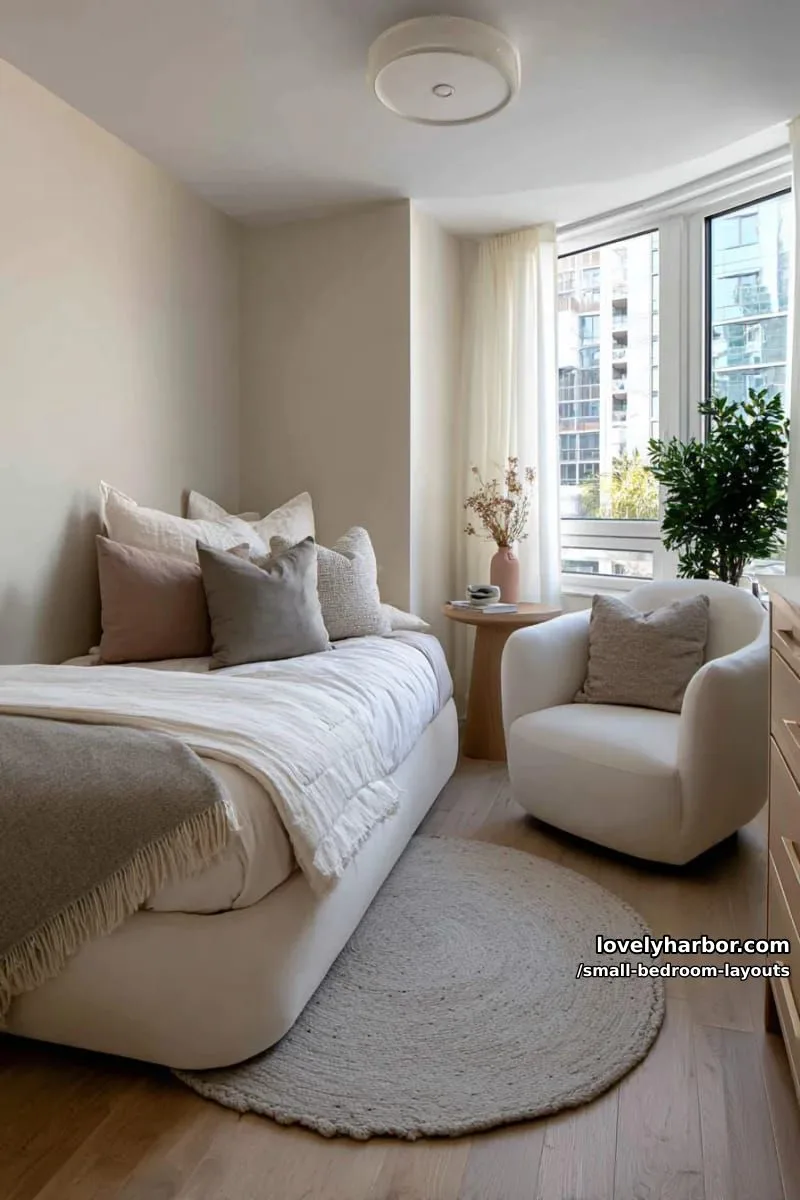 low-profile furniture with rounded edges for flow in a very small bedroom 1