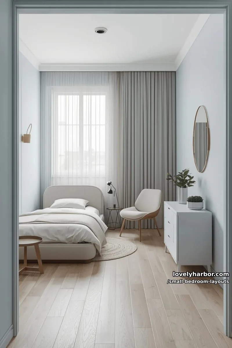 low-profile furniture with rounded edges for flow in a very small bedroom 1