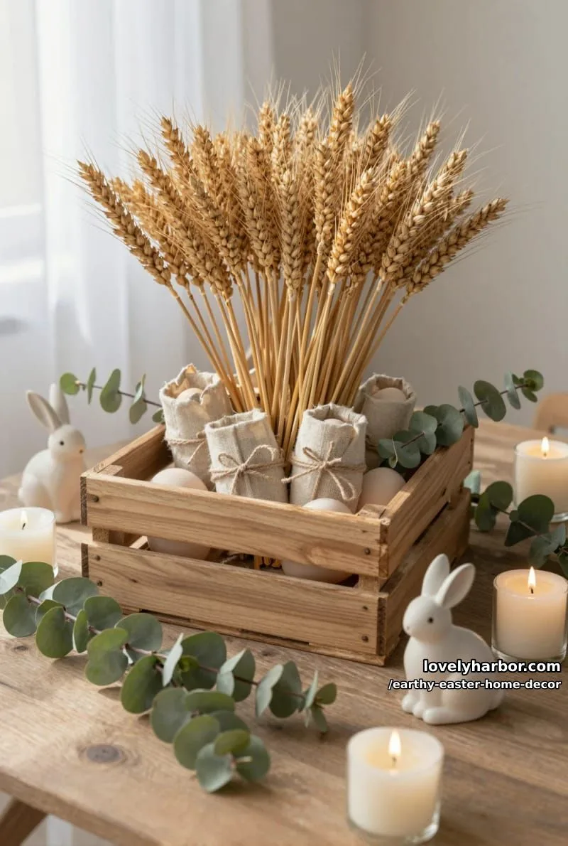15 Earthy Easter Home Decor For A Nature-Friendly Seasonal Touch 34 low wooden crate centerpiece filled with wheat stalks and linen-wrapped eggs 1