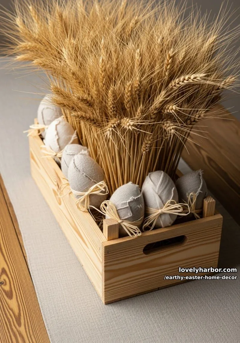 15 Earthy Easter Home Decor For A Nature-Friendly Seasonal Touch 35 low wooden crate centerpiece filled with wheat stalks and linen-wrapped eggs 1