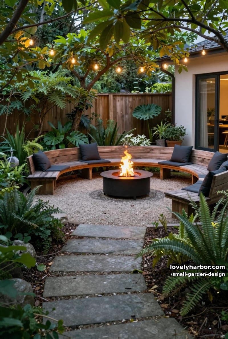 lush backyard with winding stone path, fire pit, benches, and string lights. 1