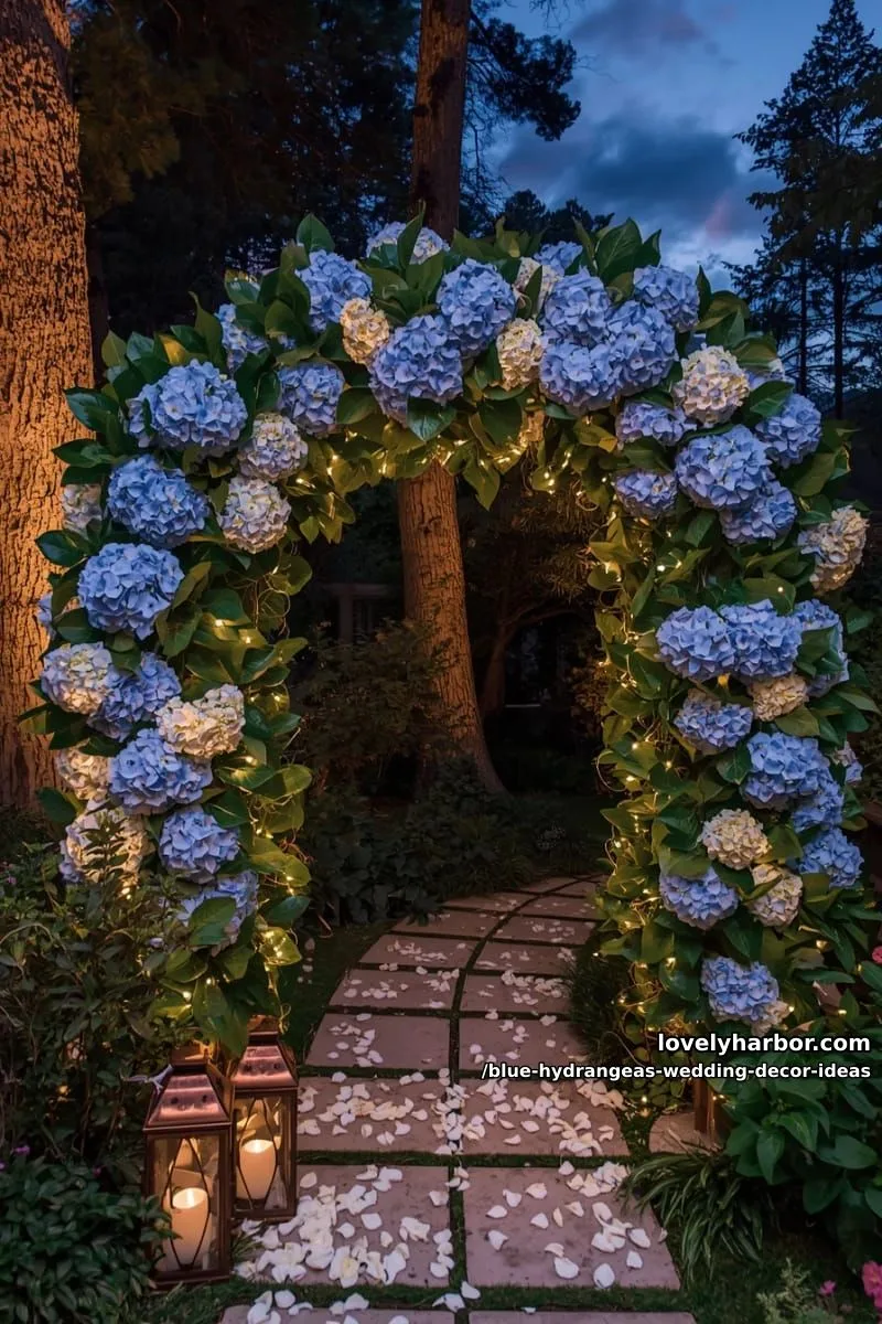 lush hydrangea garden arch with twinkle fairy lights at dusk 1