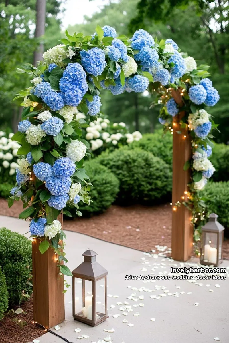 lush hydrangea garden arch with twinkle fairy lights at dusk 1