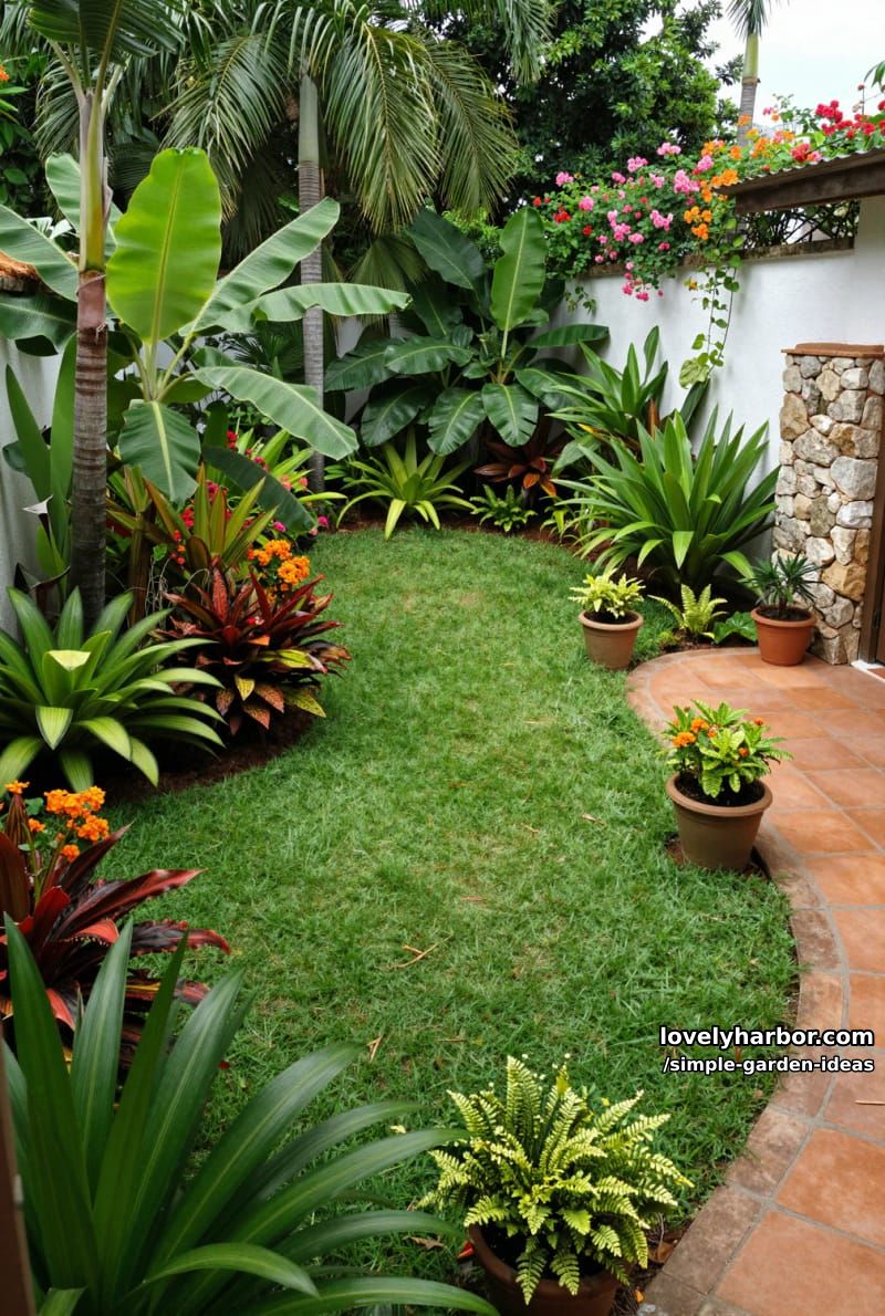 lush tropical courtyard garden with colorful flowering plants and palm trees 1
