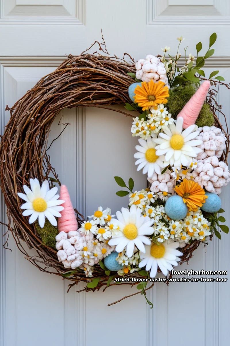 lush wreath of dried daisies, moss, and miniature pastel felt carrots 1