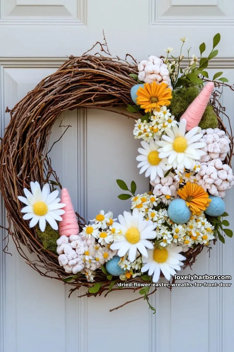 lush wreath of dried daisies, moss, and miniature pastel felt carrots 1