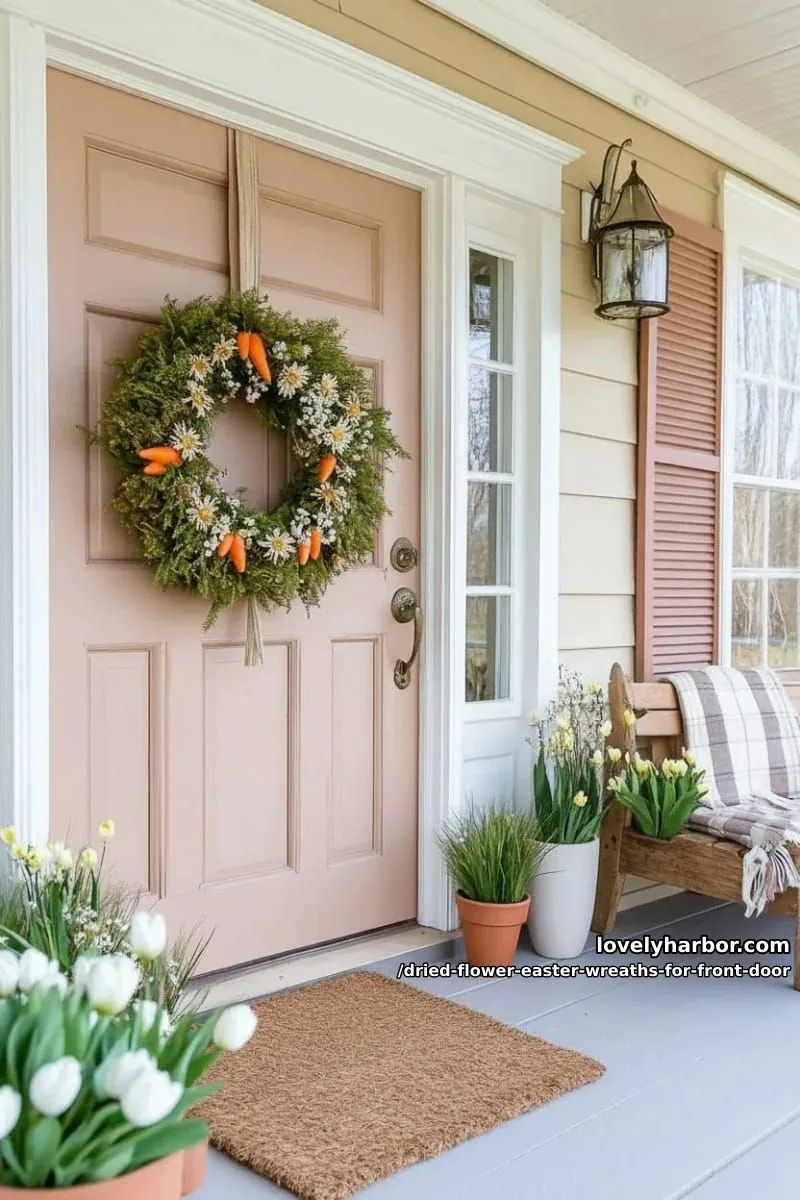 lush wreath of dried daisies, moss, and miniature pastel felt carrots 1