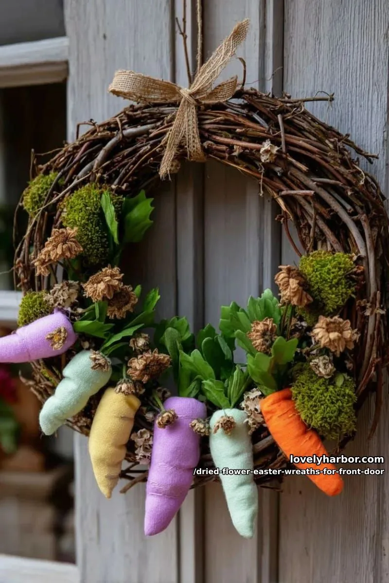 lush wreath of dried daisies, moss, and miniature pastel felt carrots 1