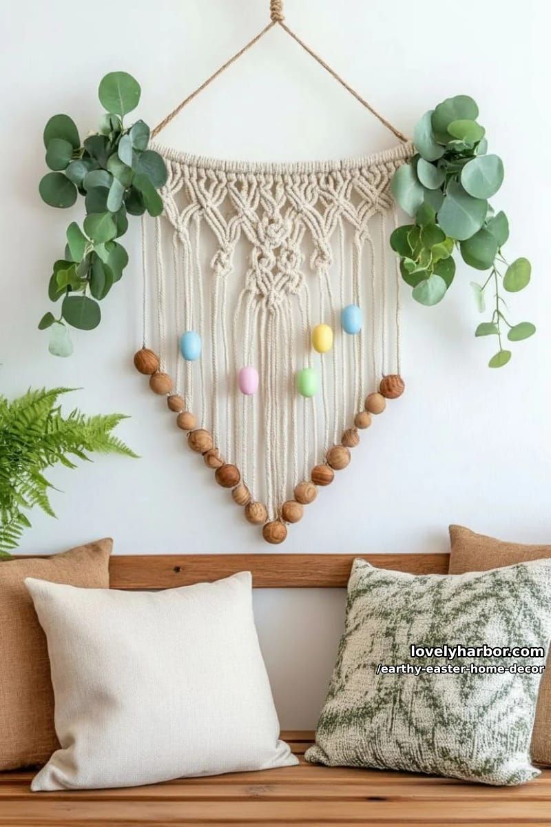 macrame hanging with greenery, wooden beads, and soft pastel eggs 1