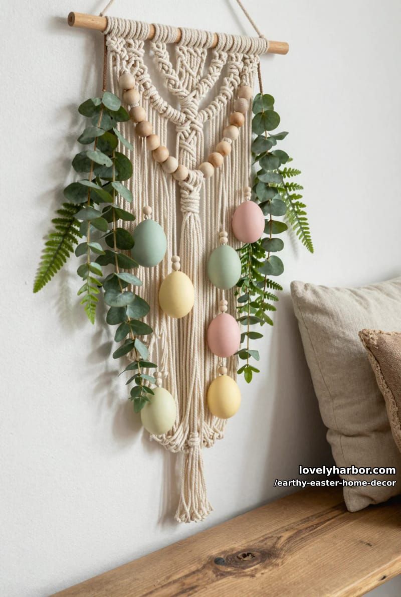 macrame hanging with greenery, wooden beads, and soft pastel eggs 1