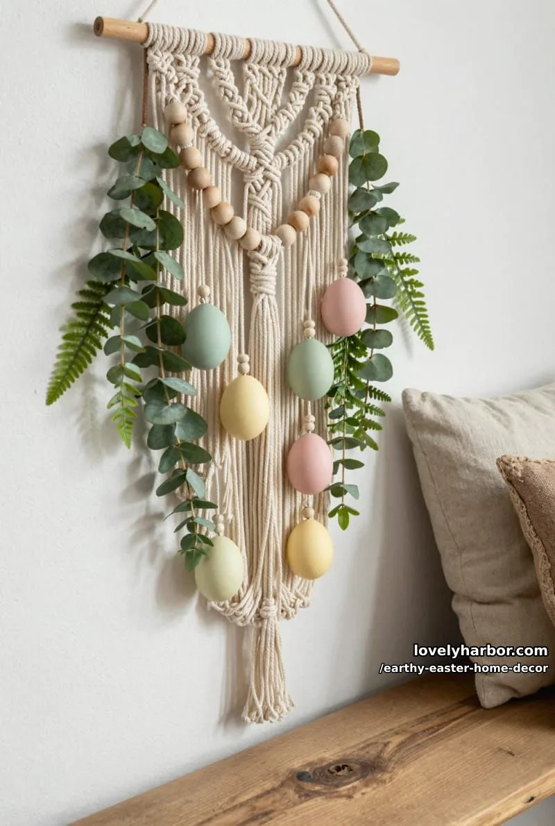 15 Earthy Easter Home Decor For A Nature-Friendly Seasonal Touch 24 macrame hanging with greenery, wooden beads, and soft pastel eggs 1