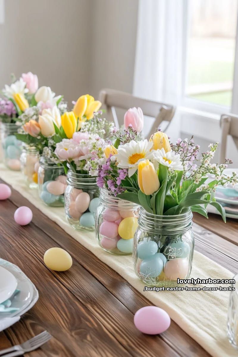 mason jar centerpieces filled with mini plastic eggs and fresh spring flowers 1