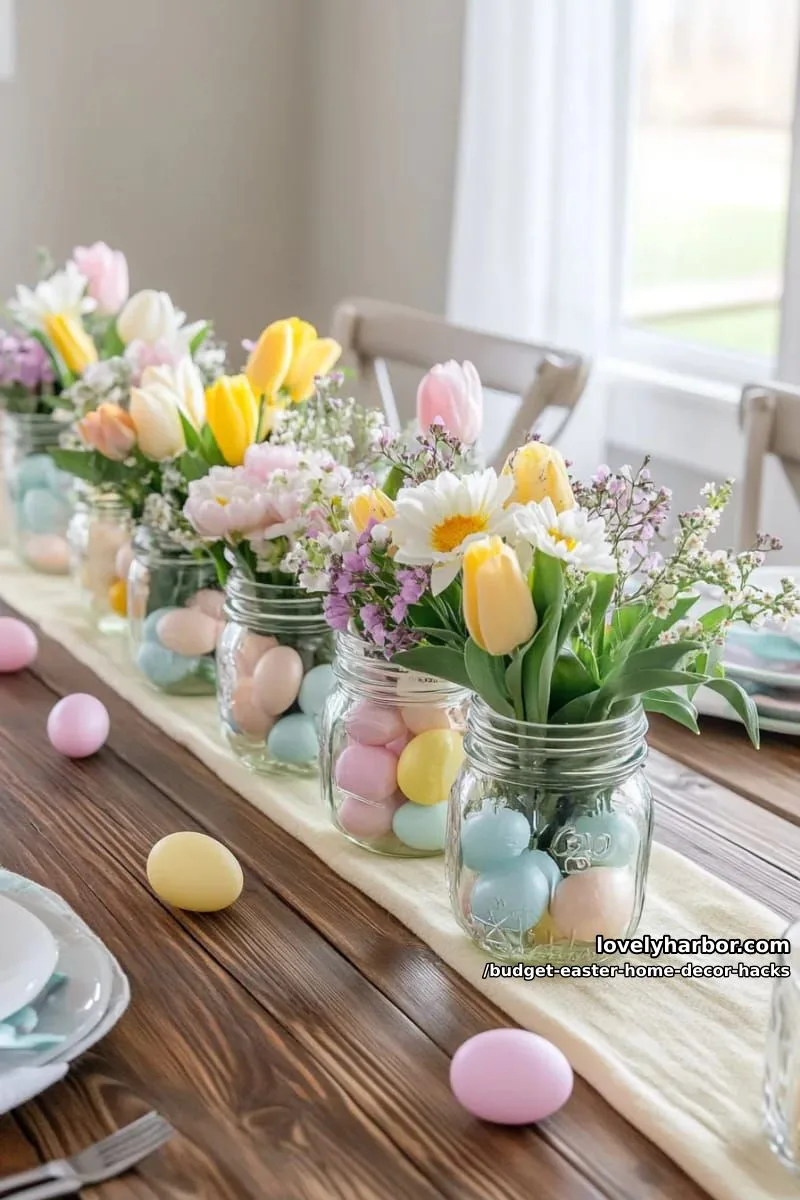 mason jar centerpieces filled with mini plastic eggs and fresh spring flowers 1