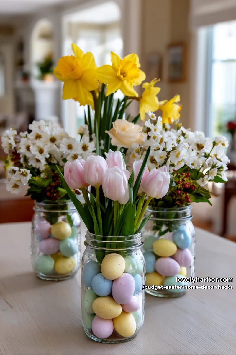 mason jar centerpieces filled with mini plastic eggs and fresh spring flowers 1