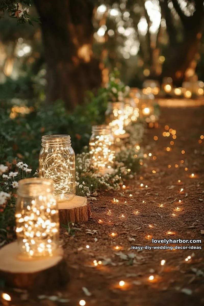 mason jar lanterns filled with fairy lights lining a rustic outdoor aisle 1