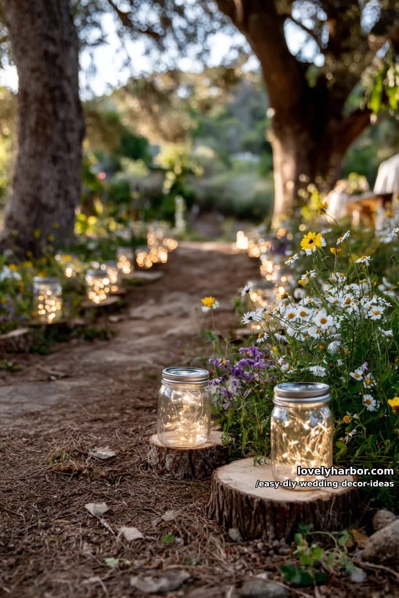 mason jar lanterns filled with fairy lights lining a rustic outdoor aisle 1