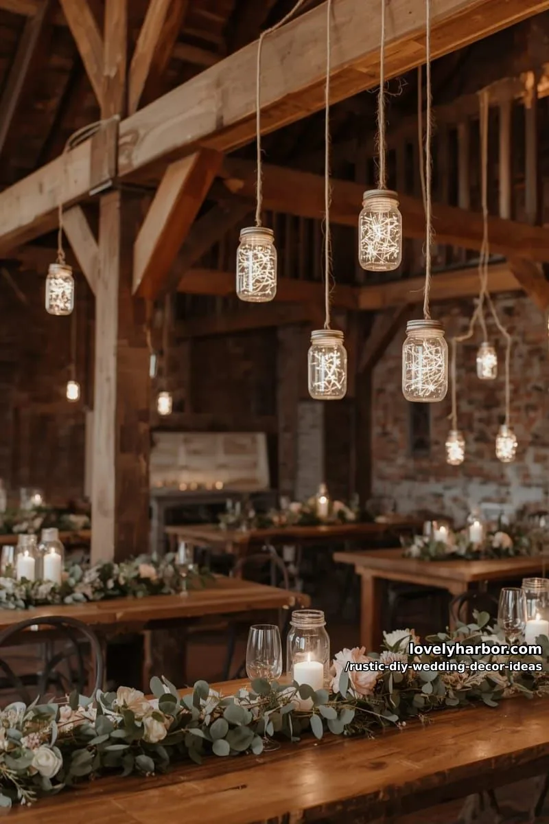 19 Rustic DIY Wedding Decor Ideas with Dreamy Vibes 2 mason jar lanterns with twinkle lights hanging from wooden beams 1