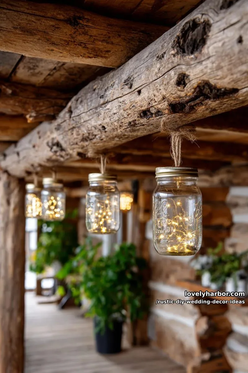 19 Rustic DIY Wedding Decor Ideas with Dreamy Vibes 3 mason jar lanterns with twinkle lights hanging from wooden beams 1