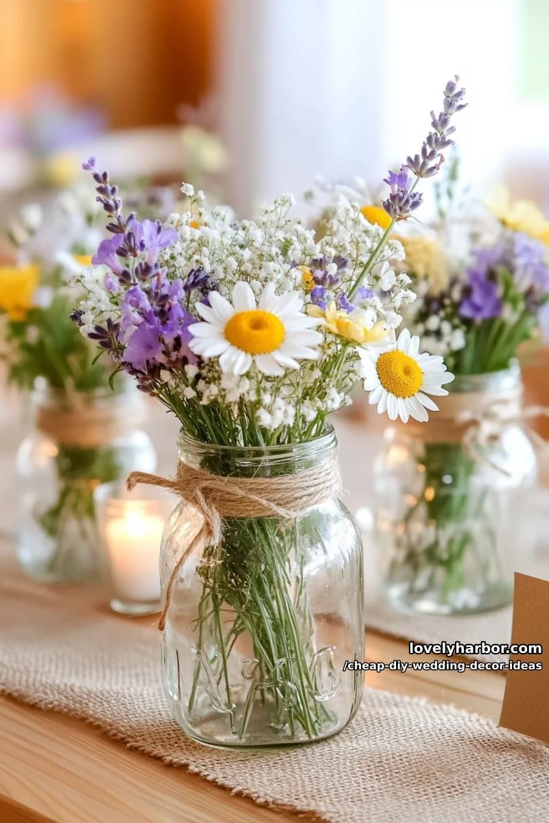 mason jar vases wrapped with twine and filled with wildflowers 1