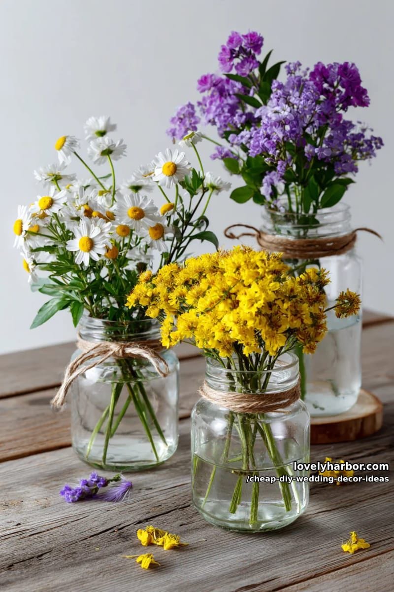 mason jar vases wrapped with twine and filled with wildflowers 1