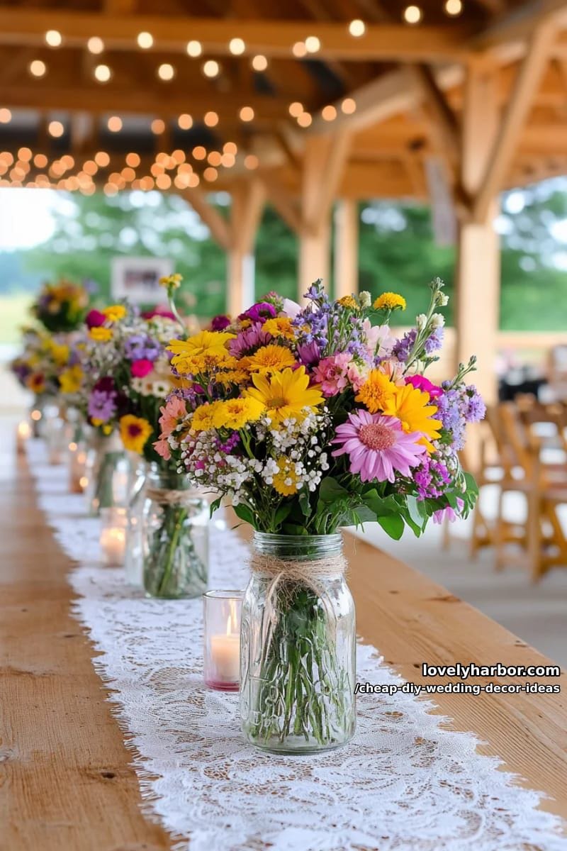 mason jar vases wrapped with twine and filled with wildflowers 1