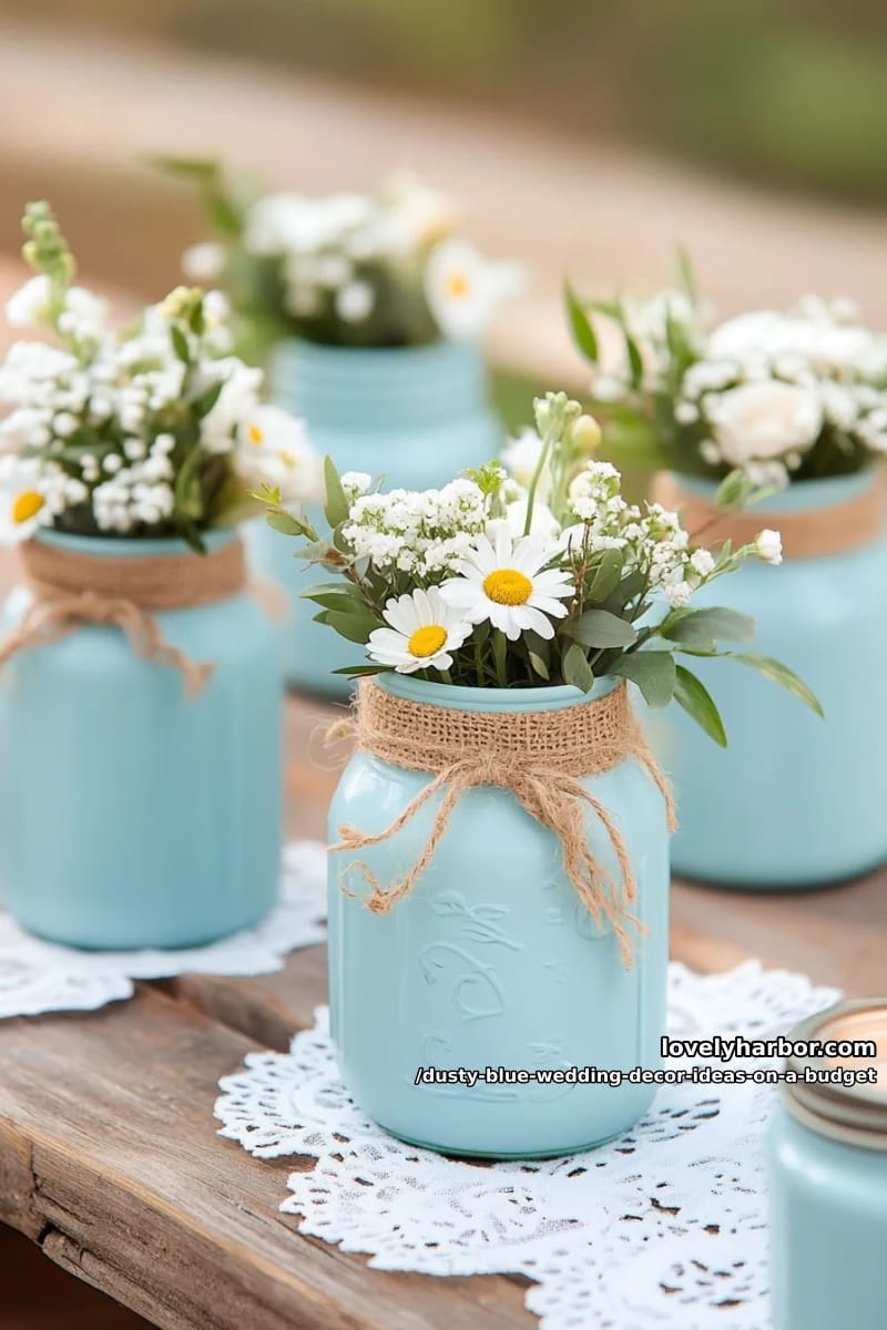 mason jars painted dusty blue with thrifted white florals and greenery 1