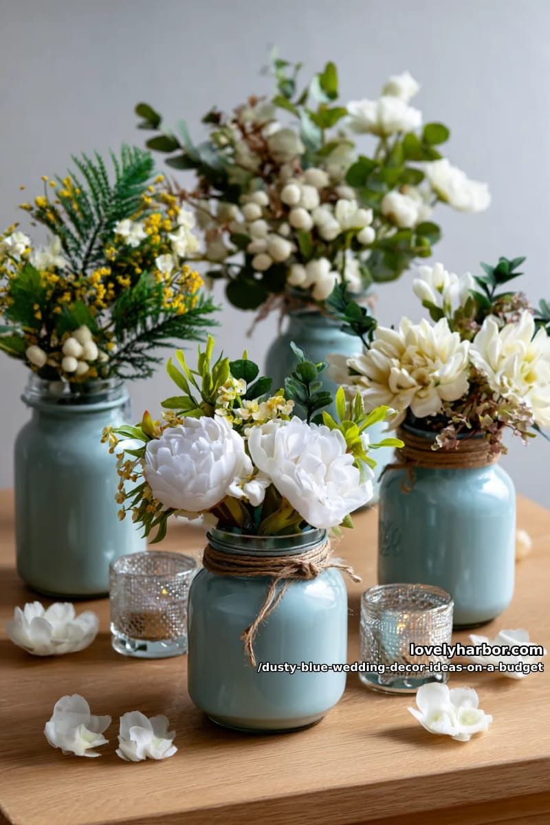 mason jars painted dusty blue with thrifted white florals and greenery 1