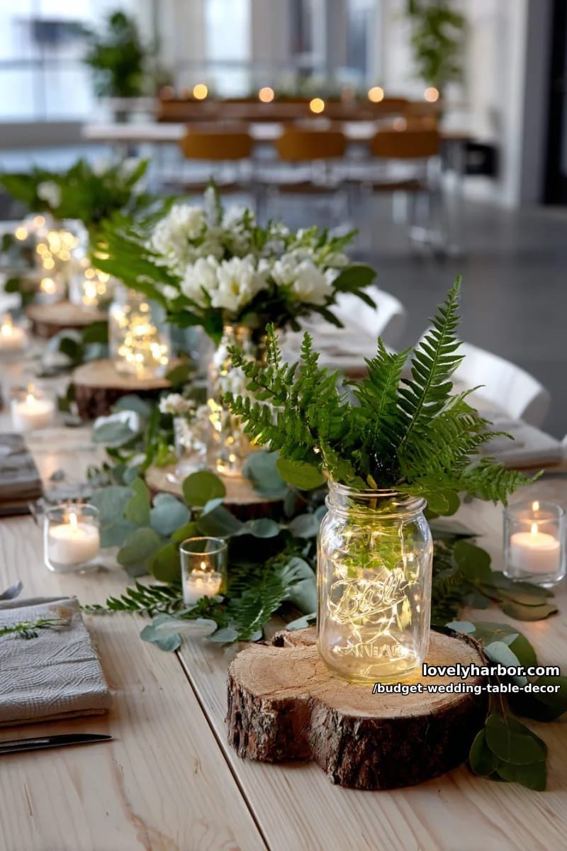 mason jars with fairy lights atop rustic wood slices and greenery runners 1