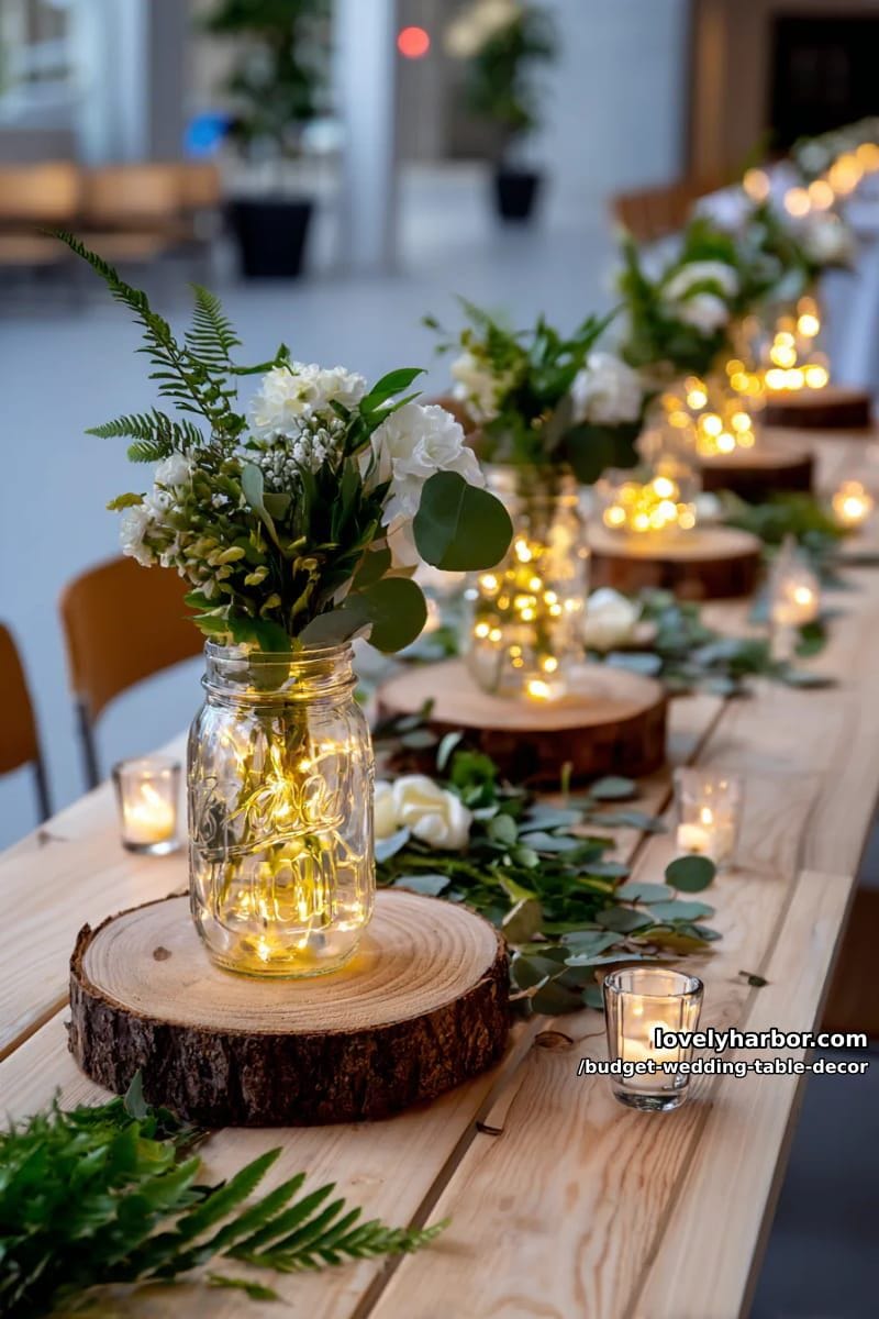 mason jars with fairy lights atop rustic wood slices and greenery runners 1