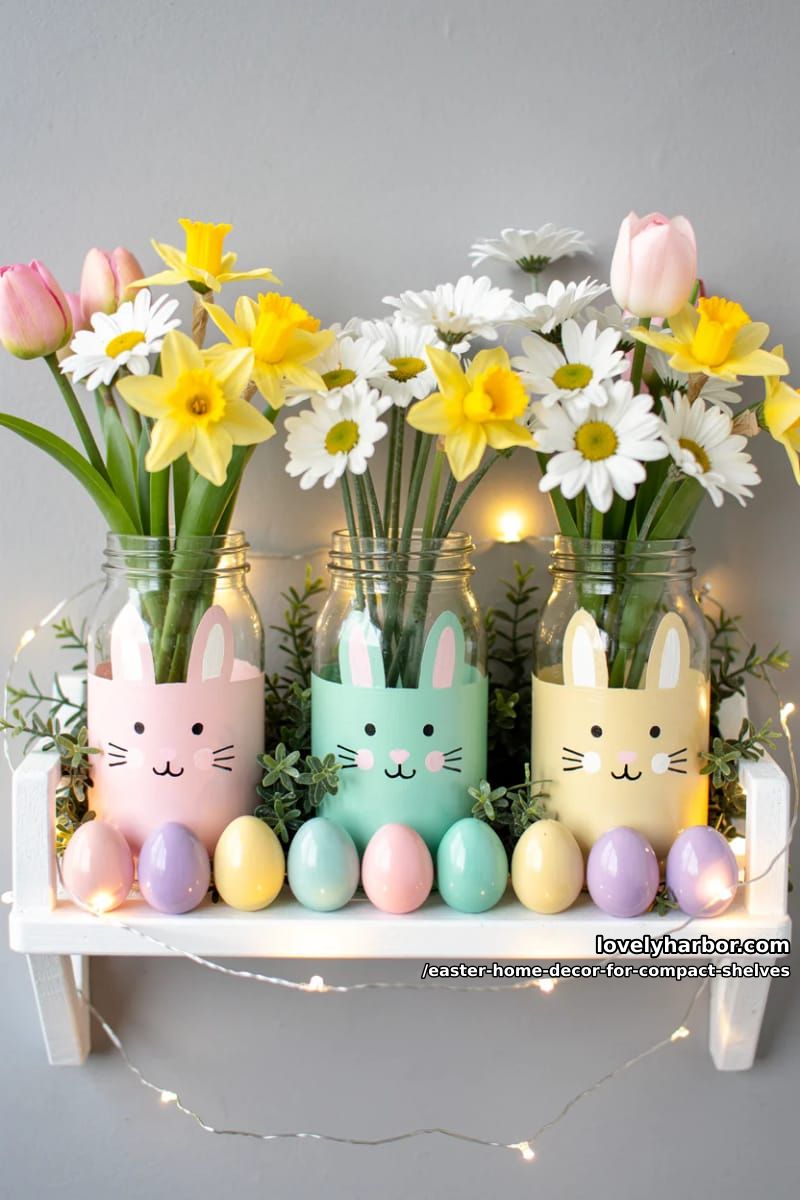 mason jars with painted bunny faces, filled with spring blooms 1