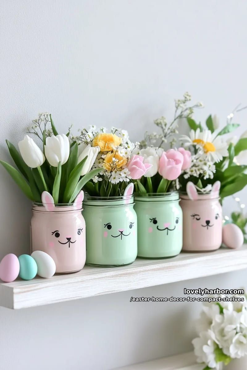 mason jars with painted bunny faces, filled with spring blooms 1