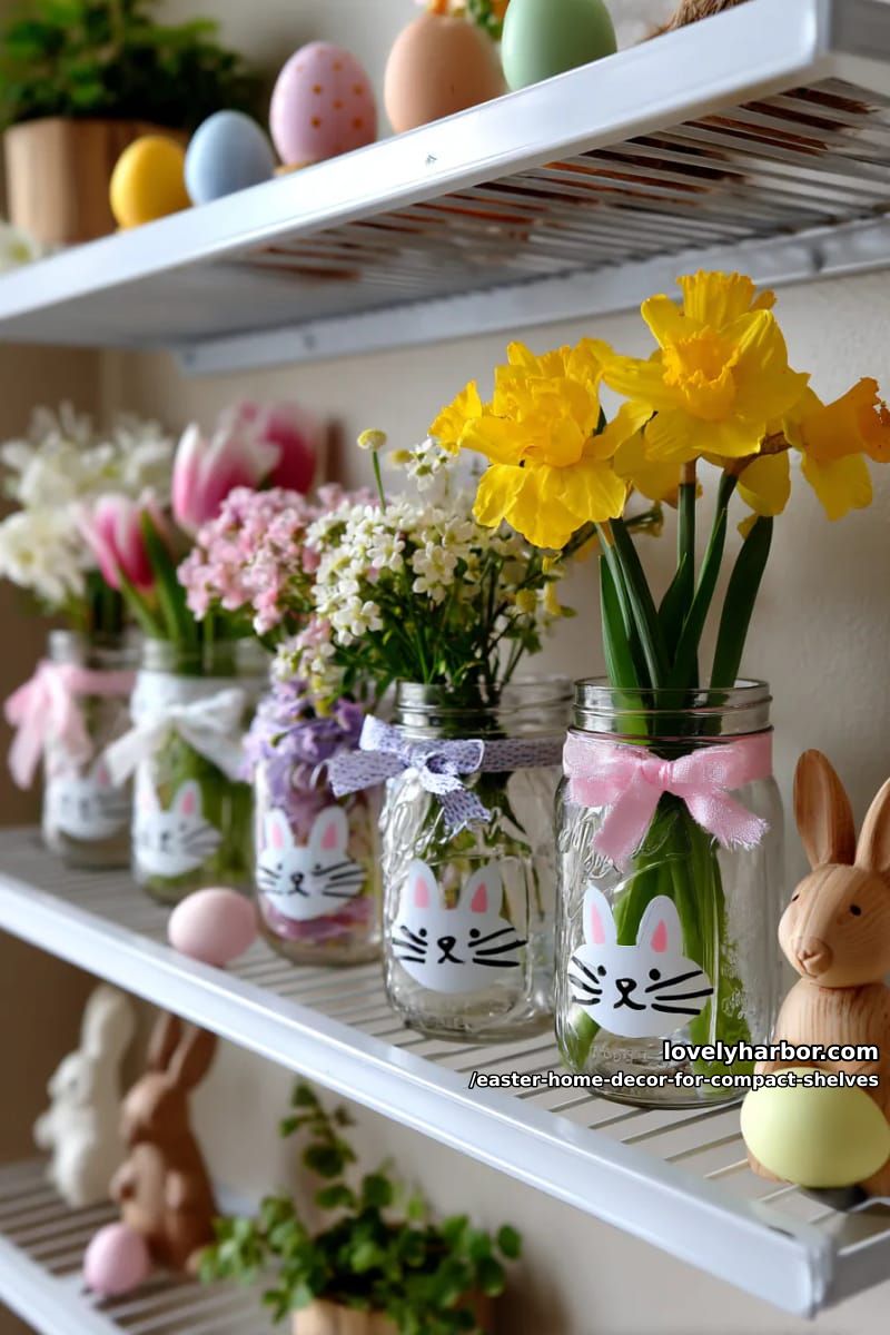 mason jars with painted bunny faces, filled with spring blooms 1